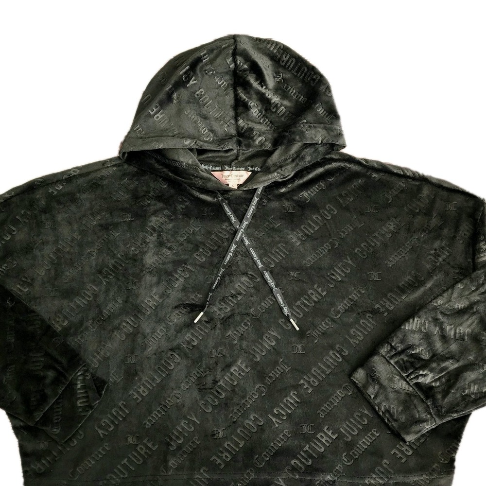 Juicy Couture Y2K Black Velour Hoodie Intimates Size Large Embossed Logo L Soft